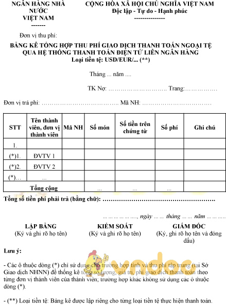 Mẫu bảng kê tổng hợp thu phí giao dịch thanh toán ngoại tệ qua hệ thống TTĐTLNH