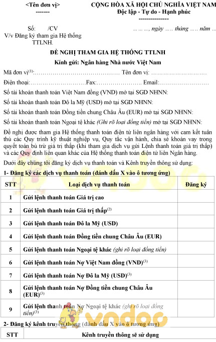 Mẫu đề nghị tham gia hệ thống thanh toán liên ngân hàng