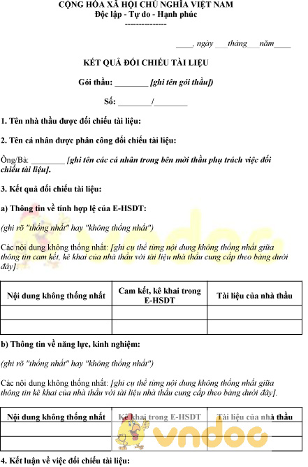 Mẫu kết quả đối chiếu tài liệu gói thầu