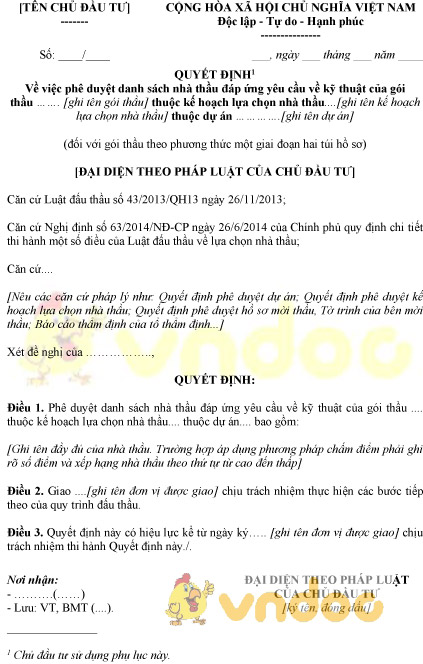 Mẫu quyết định phê duyệt danh sách nhà thầu đáp ứng yêu cầu về kỹ thuật gói thầu