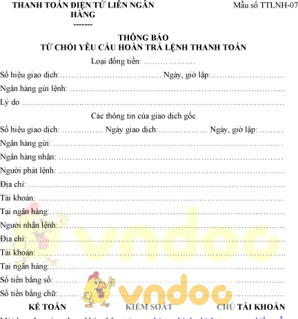 Mẫu thông báo từ chối yêu cầu hoàn trả lệnh thanh toán