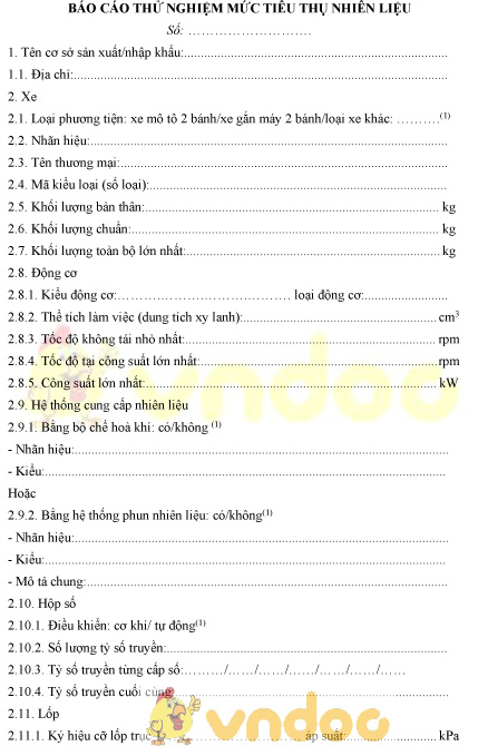 Mẫu báo cáo thử nghiệm mức tiêu thụ nhiên liệu