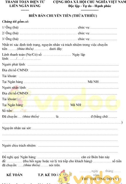 Mẫu biên bản chuyển tiền (thừa/thiếu)