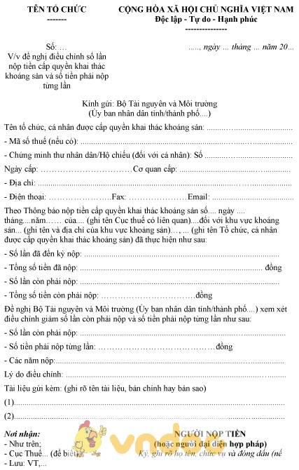 Mẫu đề nghị điều chỉnh số lần nộp tiền cấp quyền khai thác khoáng sản