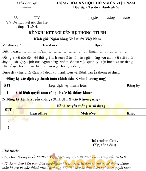 Mẫu đề nghị kết nối đến hệ thống TTLNH