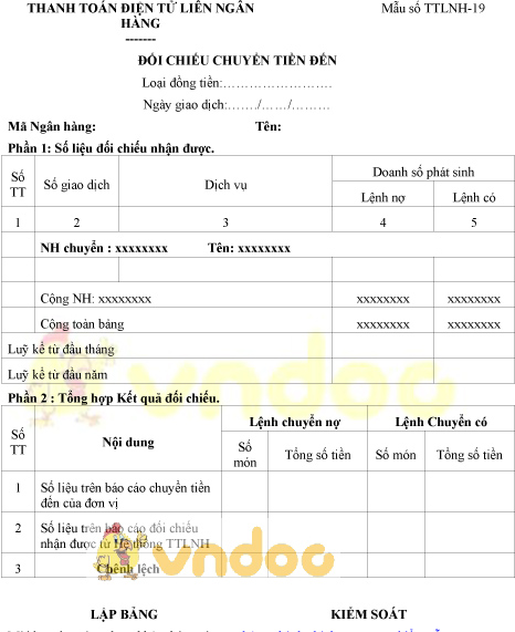 Mẫu đối chiếu chuyển tiền đến