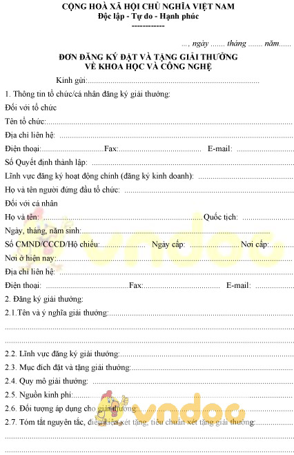 Mẫu đơn đăng ký đặt và tặng giải thưởng về khoa học và công nghệ