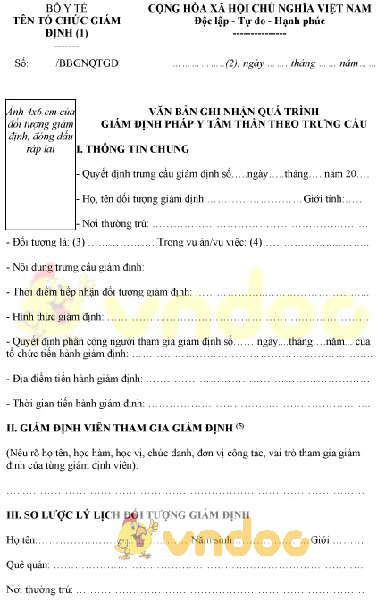 Mẫu văn bản ghi nhận quá trình giám định pháp y tâm thần theo trưng cầu