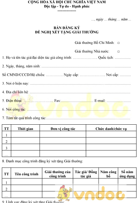 Mẫu bản đăng ký đề nghị xét tặng giải thưởng