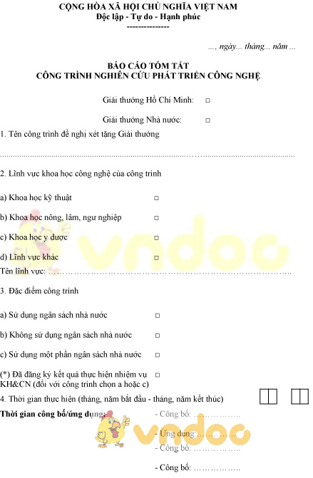 Mẫu báo cáo tóm tắt công trình nghiên cứu phát triển công nghệ
