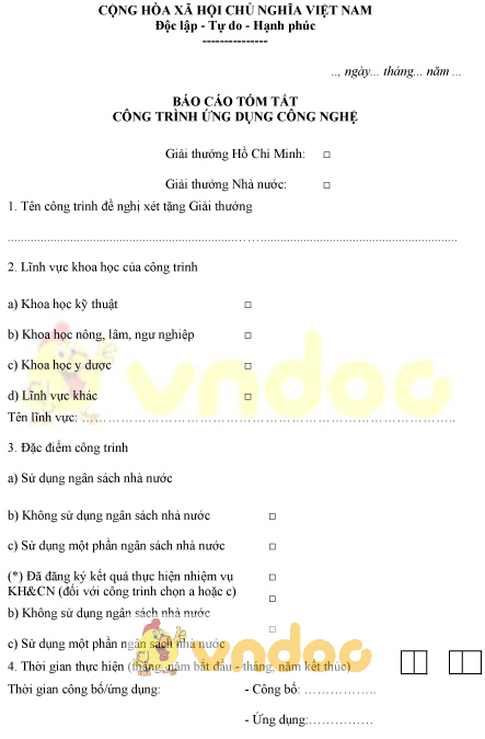 Mẫu báo cáo tóm tắt công trình ứng dụng công nghệ