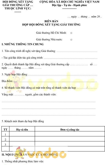 Mẫu biên bản họp hội đồng xét tặng giải thưởng