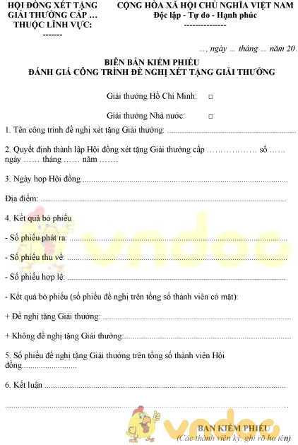 Mẫu biên bản kiểm phiếu đánh giá công trình đề nghị xét tặng giải thưởng
