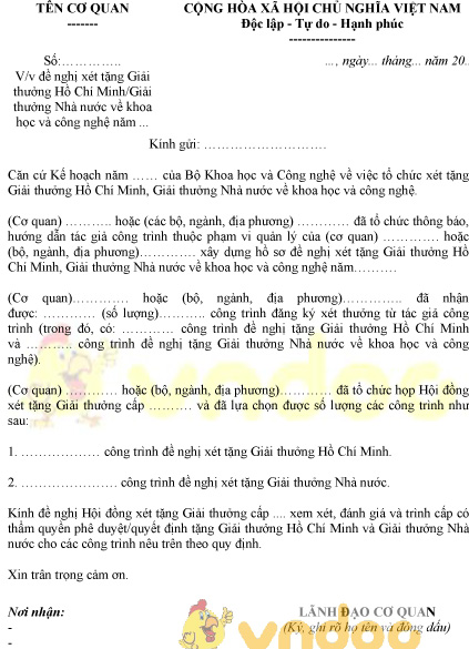 Mẫu đề nghị xét tặng giải thưởng HCM, giải thưởng Nhà nước về khoa học và công nghệ