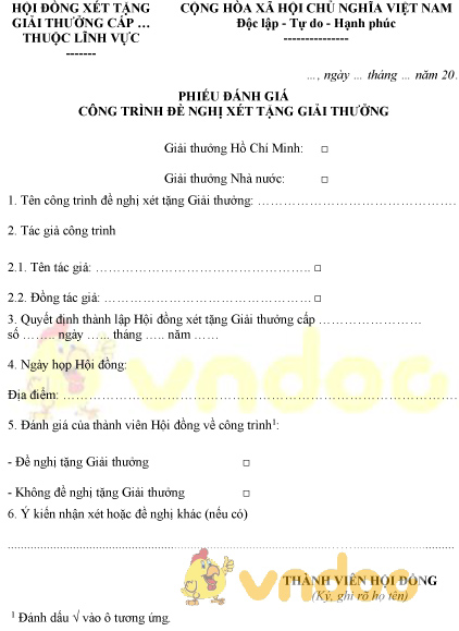 Mẫu phiếu đánh giá công trình đề nghị xét tặng giải thưởng