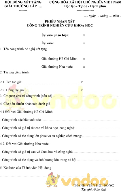 Mẫu phiếu nhận xét công trình nghiên cứu khoa học