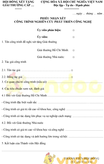 Mẫu phiếu nhận xét công trình nghiên cứu phát triển công nghệ