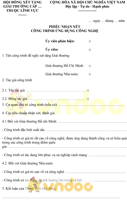 Mẫu phiếu nhận xét công trình ứng dụng công nghệ