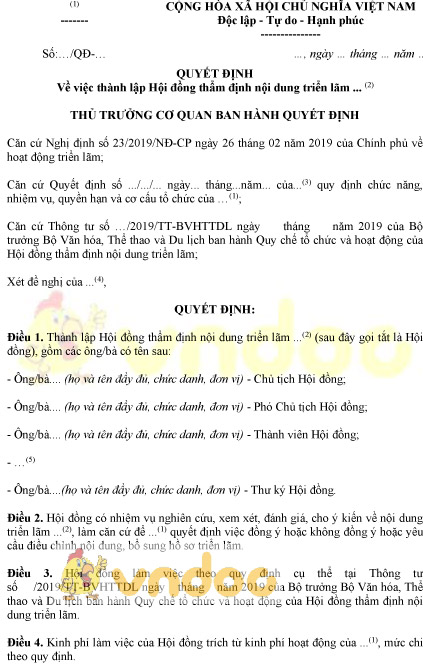 Mẫu quyết định thành lập hội đồng thẩm định nội dung triển lãm