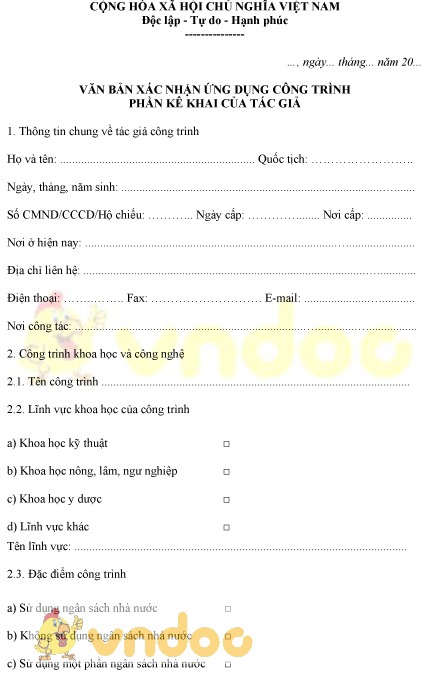 Mẫu văn bản xác nhận ứng dụng công trình phần kê khai của tác giả