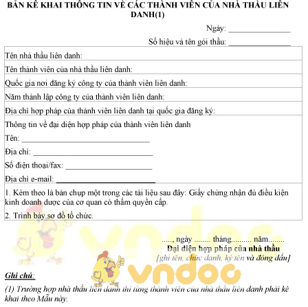 Mẫu bản kê khai thông tin về các thành viên của nhà thầu liên danh