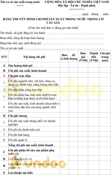 Mẫu bảng thuyết minh chi phí sản xuất trong nước trong cơ cấu giá