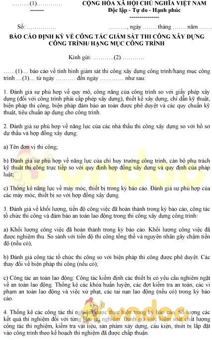 Mẫu báo cáo định kỳ về công tác giám sát thi công xây dựng công trình