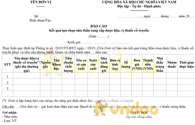 Mẫu báo cáo kết quả lựa chọn nhà thầu cung cấp dược liệu, vị thuốc cổ truyền