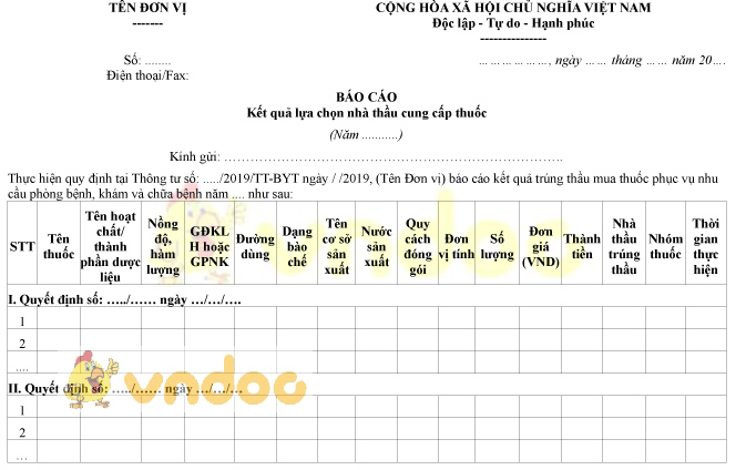 Mẫu báo cáo kết quả lựa chọn nhà thầu cung cấp thuốc