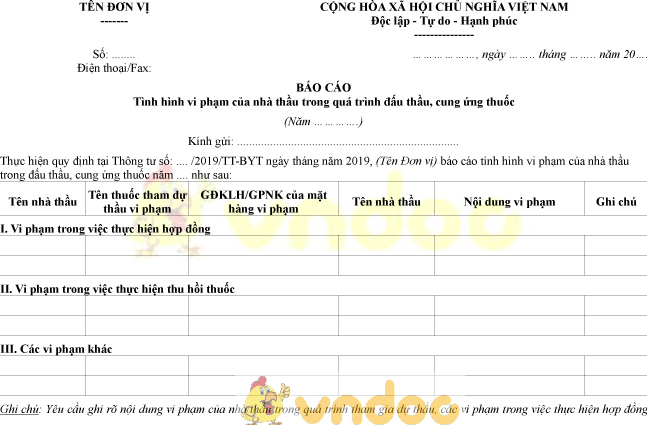 Mẫu báo cáo tình hình vi phạm của nhà thầu trong quá trình đấu thầu, cung ứng thuốc