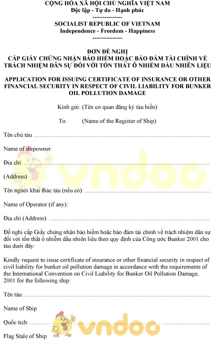 Mẫu đơn đề nghị cấp GCN bảo hiểm hoặc bảo đảm tài chính với tổn thất ô nhiễm dầu nhiên liệu