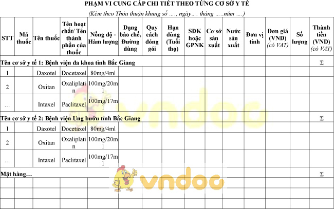 Mẫu phạm vi cung cấp chi tiết theo từng cơ sở y tế