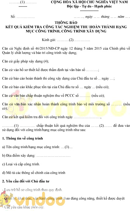Mẫu thông báo kết quả nghiệm thu hoàn thành hạng mục công trình, công trình xây dựng