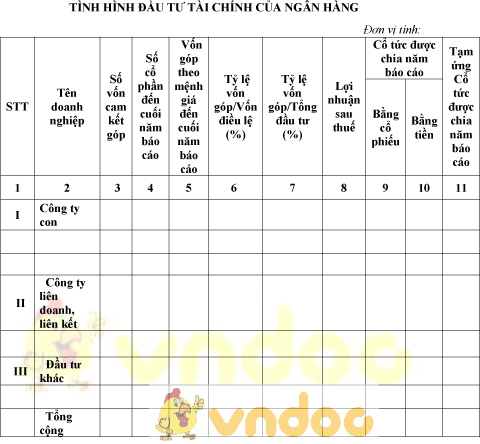Mẫu bảng tình hình đầu tư tài chính của ngân hàng