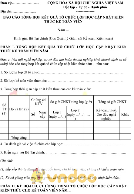 Mẫu báo cáo tổng hợp kết quả tổ chức lớp học cập nhật kiến thức kế toán viên