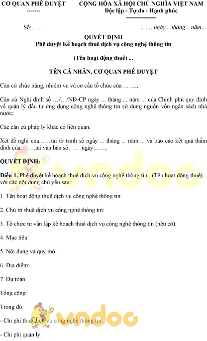 Mẫu quyết định phê duyệt kế hoạch thuê dịch vụ công nghệ thông tin