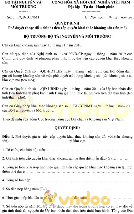 Mẫu quyết định phê duyệt tiền cấp quyền khai thác khoáng sản cấp bộ