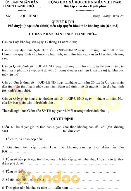 Mẫu quyết định phê duyệt tiền cấp quyền khai thác khoáng sản cấp tỉnh