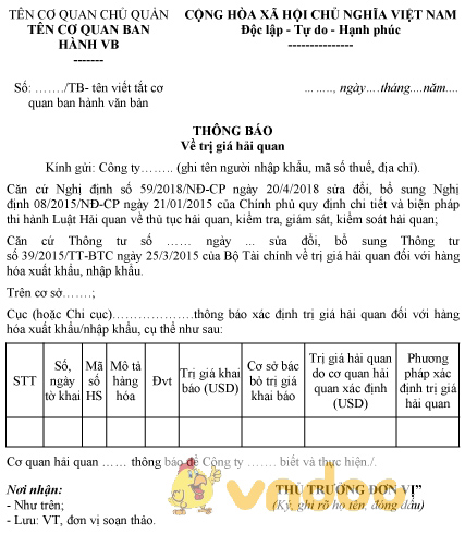 Mẫu thông báo trị giá hải quan