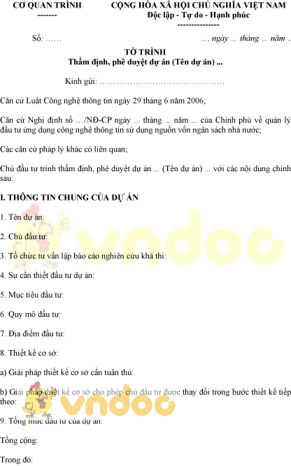 Mẫu tờ trình thẩm định, phê duyệt dự án công nghệ thông tin