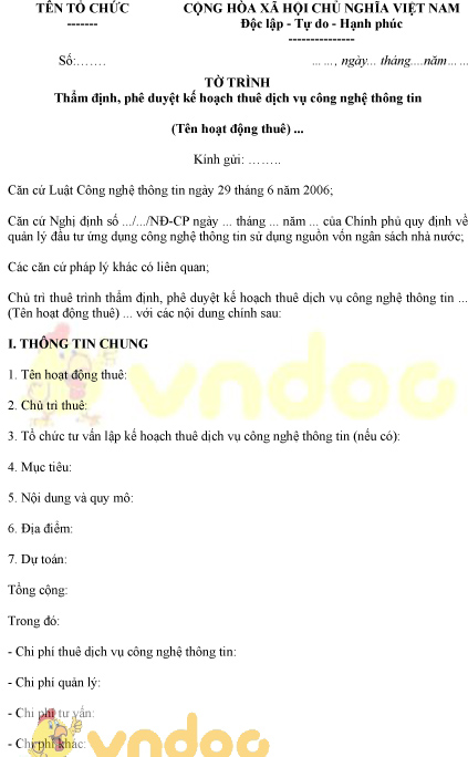 Mẫu tờ trình thẩm định phê duyệt kế hoạch thuê dịch vụ công nghệ thông tin