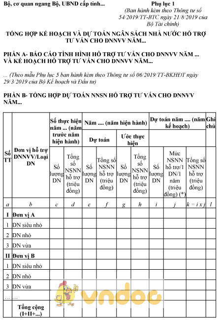 Mẫu tổng hợp kế hoạch và dự toán ngân sách nhà nước hỗ trợ tư vấn