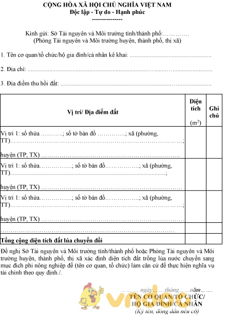 Mẫu bảng kê khai diện tích đất trồng lúa chuyển mục đích sử dụng sang đất phi nông nghiệp