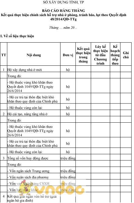 Mẫu báo cáo hàng tháng kết quả thực hiện chính sách hỗ trợ nhà ở phòng, tránh bão, lụt