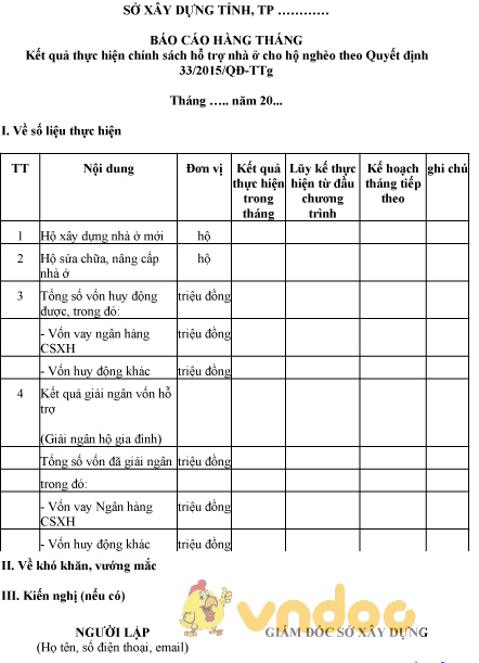 Mẫu báo cáo kết quả thực hiện chính sách hỗ trợ nhà ở cho hộ nghèo