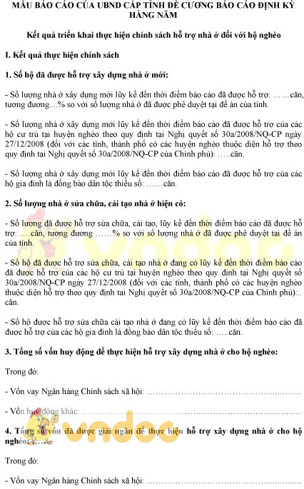 Mẫu báo cáo kết quả thực hiện chính sách hỗ trợ nhà ở cho hộ nghèo của cấp tỉnh