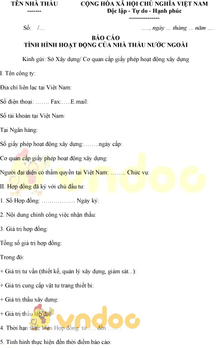 Mẫu báo cáo tình hình hoạt động của nhà thầu nước ngoài