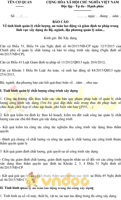 Mẫu báo cáo tình hình quản lý chất lượng, an toàn lao động, giám định tư pháp lĩnh vực xây dựng