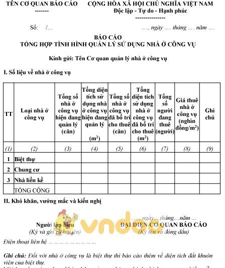 Mẫu báo cáo tổng hợp tình hình quản lý sử dụng nhà ở công vụ