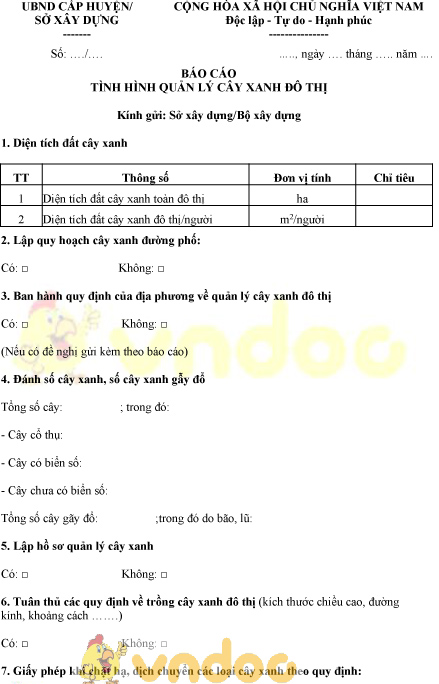Mẫu báo cáo về tình hình quản lý cây xanh đô thị của UBND cấp Huyện và Sở Xây dựng